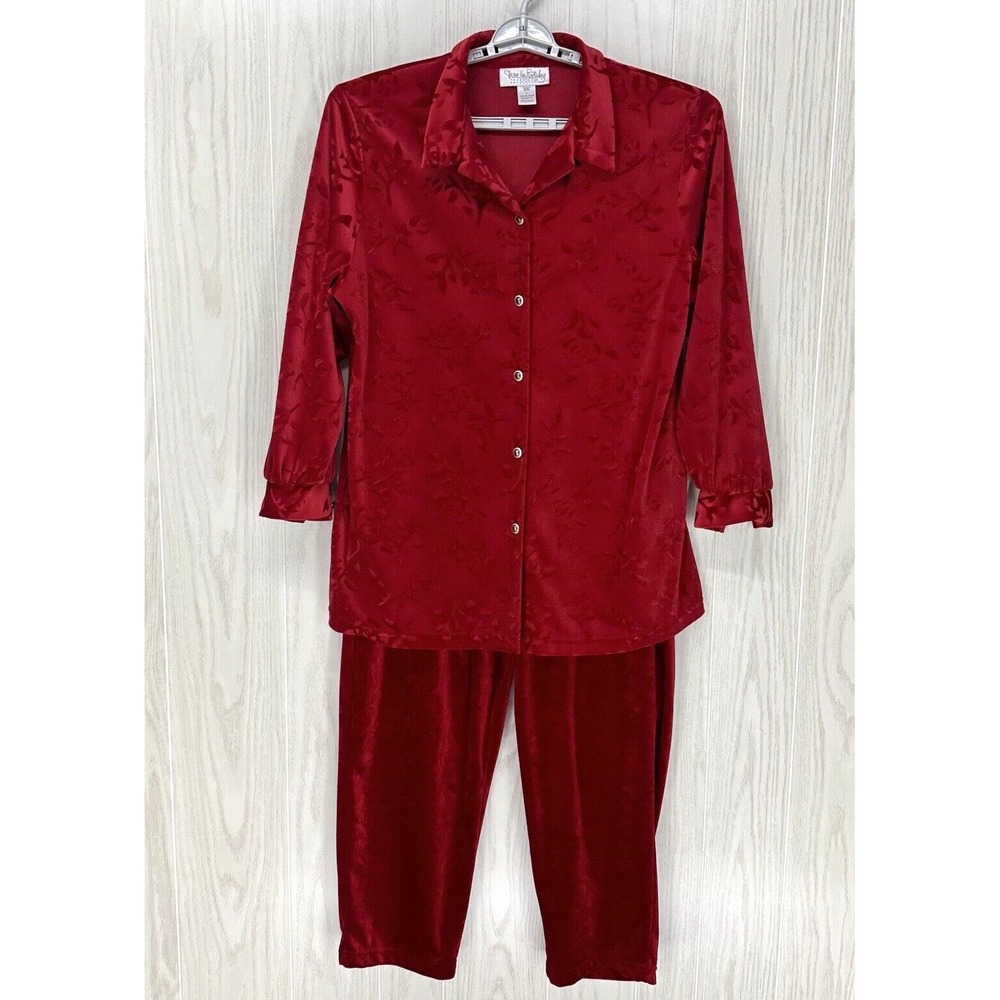 Diane Von Furstenberg‎ Velour Set Womens Top Large/Pants Medium Red Button Up